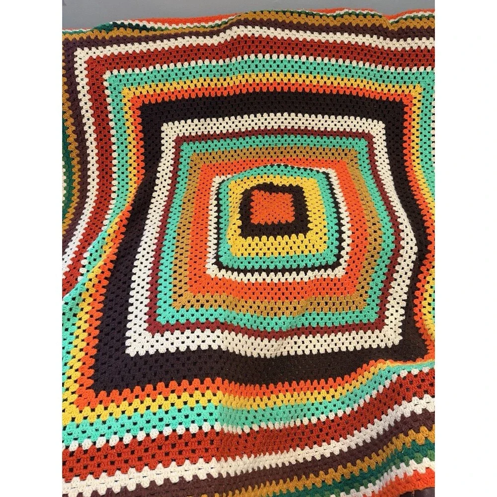 Vintage MCM 1960s 1970s Afghan Granny Core Blanket Throw Handmade Crochet